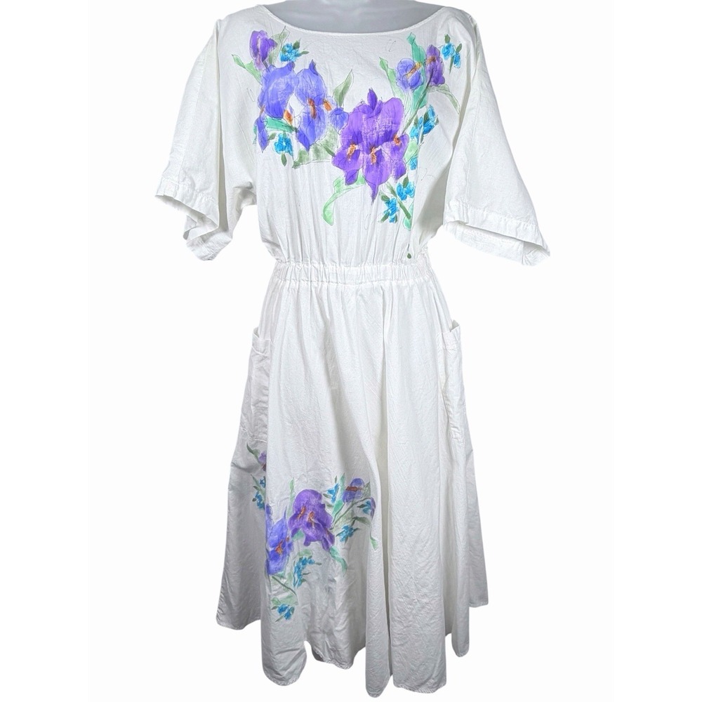 Frillz Artsy White Floral Hand Painted Midi Dress Cottagecore Pockets Vintage Sm